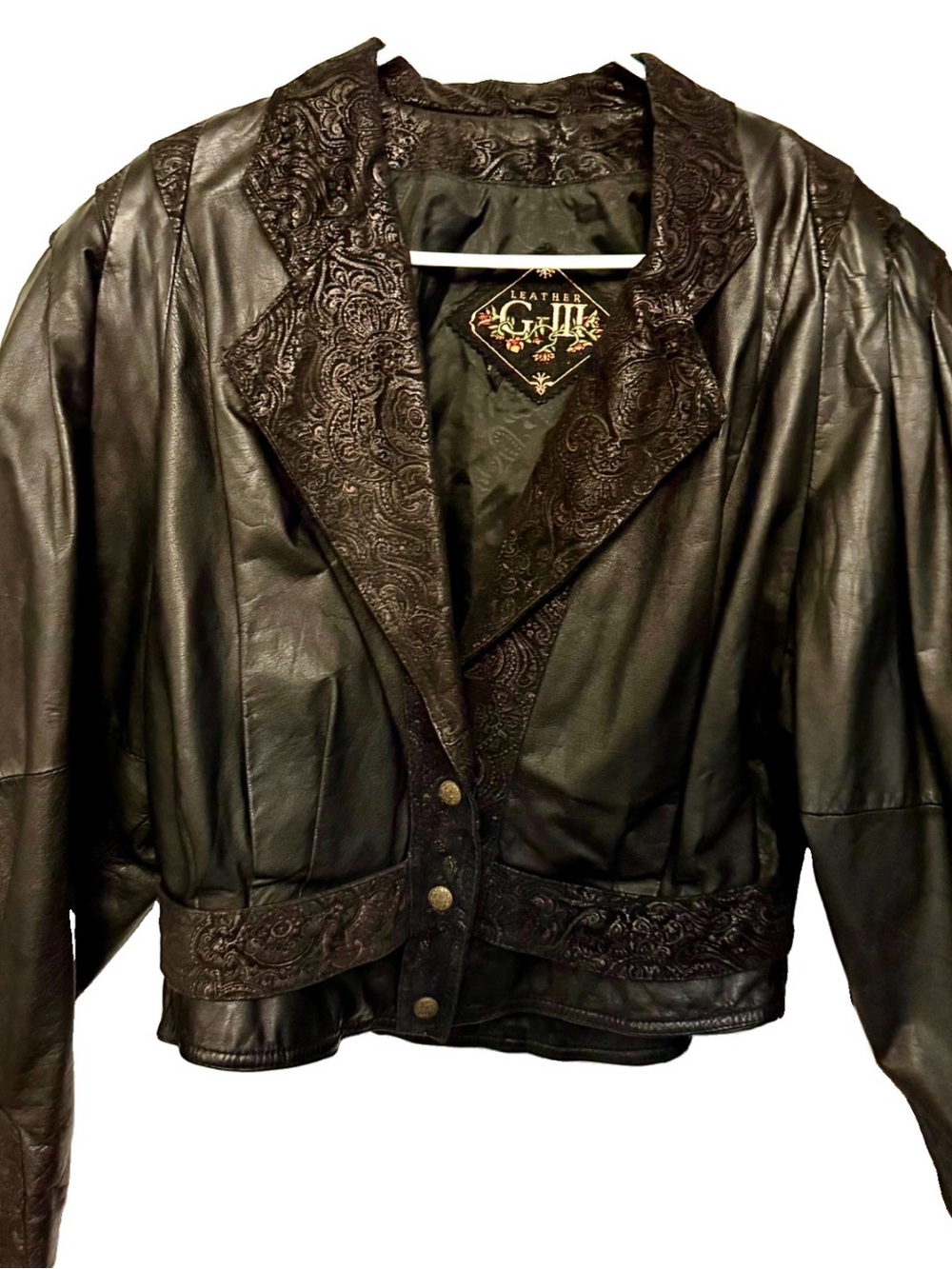 VTG 80’s G-III brand cropped leather bomber jacket Paisley and pink trim size L